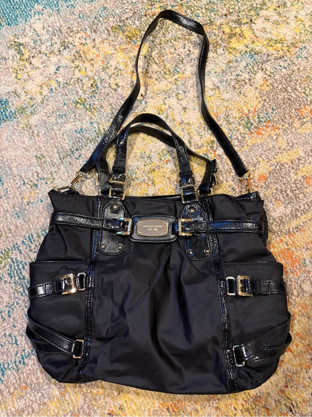 Michael Kors Gandervoort Black Vinyl Tote Leather Purse Carryall GUC Adjustable - Picture 1 of 16